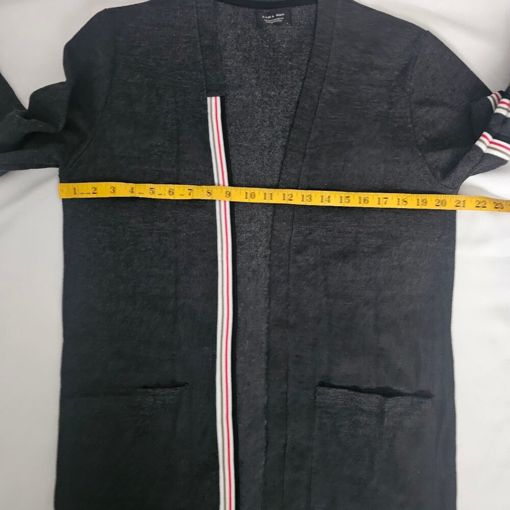ZARA Man Dark Gray Striped Trim  Open Front Pockets Longline Cardigan Sz Medium - Picture 7 of 9